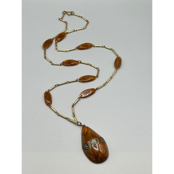 Vintage Bakelite Necklace Gold Tone Chain Drop Pendant & Miniature Coins Inlay - Picture 2 of 6